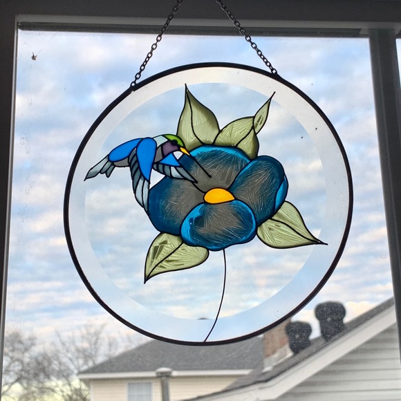 Blue Flower Hummingbird Stained Glass Sun Catcher - Picture 9 of 9